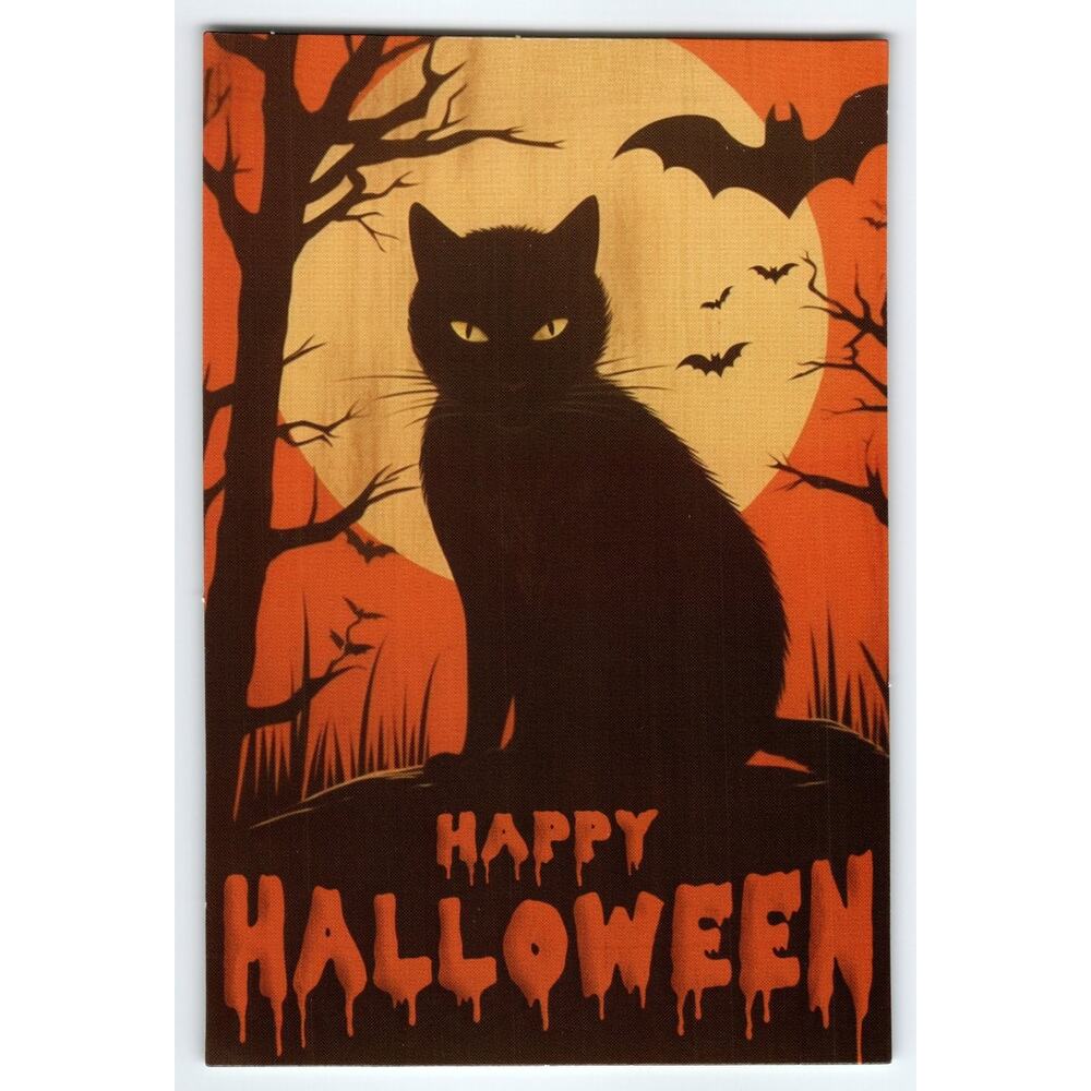 Vintage Halloween Photochrome Postcard Black Cat & Bats Full Moon